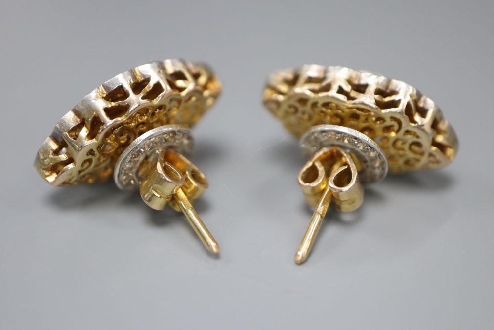 A pair of yellow metal and navette shaped diamond cluster earrings, 21mm gross 8.2 grams,